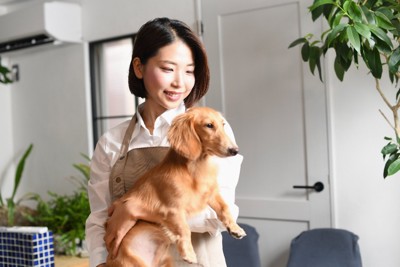 犬を抱っこするトリマー