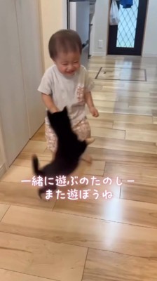 男の子の前で飛び跳ねる子犬