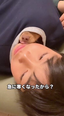 服の間から口を出して男の子の頬を舐める犬