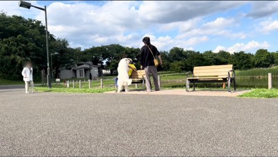 黄色い服の男性に飛びつく犬