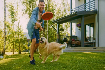 フリスビーで遊ぶ男性と犬