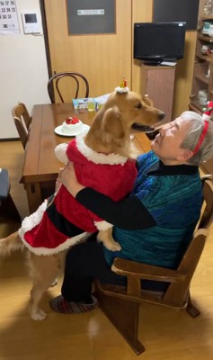 サンタの服を着た大型犬とおばあちゃん