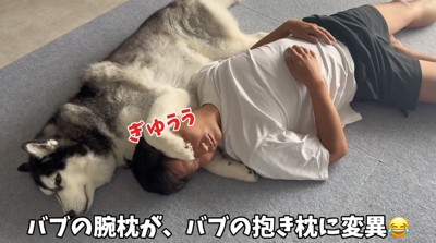 床に寝転がっている男性の頭の下に前足を入れるハスキー犬