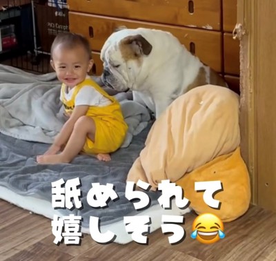 舐められて笑顔になる子ども