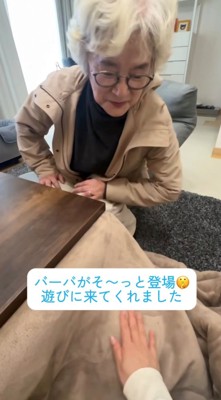 こたつの前でしゃがむ人