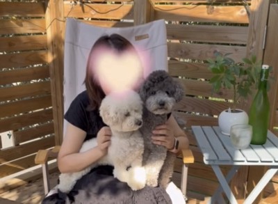 2匹を抱いて座るママ