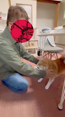 犬を両手で包む男性