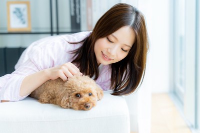 休む犬を撫でる女性