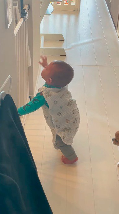 扉の柵に手をかけてつかまり立ちする赤ちゃん