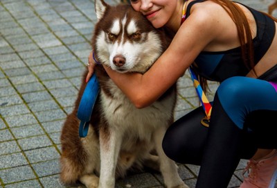 抱き付かれていやそうな顔の犬