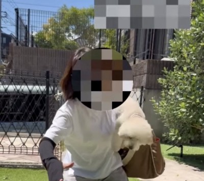 肩に乗ろうとする犬