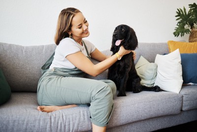 黒い犬を撫でる女性