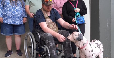 車いすの人と触れ合う犬