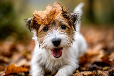 葉を乗せた犬