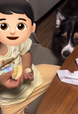 バナナを半分こする息子さん