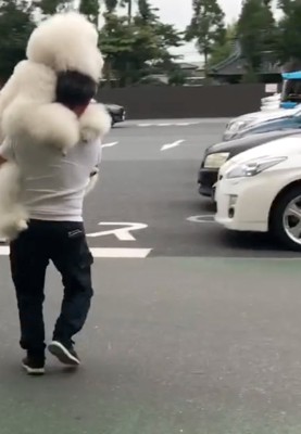 犬を抱っこするパパ