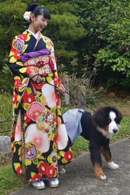 子犬の隣に立つ着物を着た女性