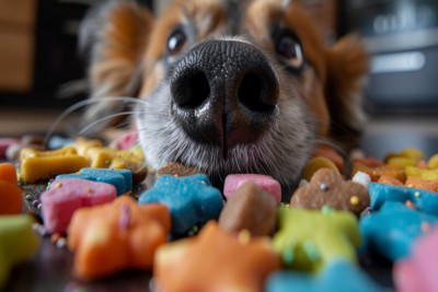 おもちゃを前にドアップの犬