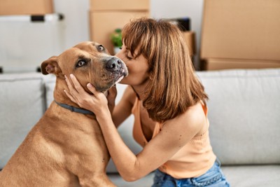 女性にキスされる犬