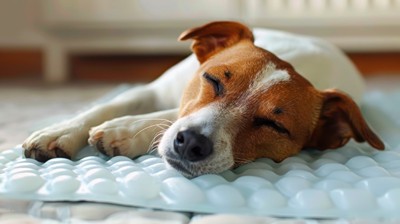 暑さ対策でクールマットに乗る犬