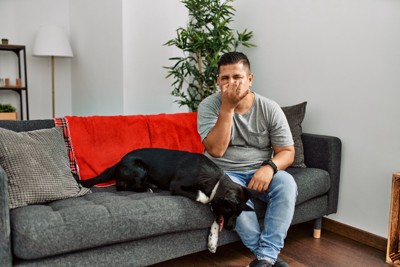 鼻を摘む男性と犬