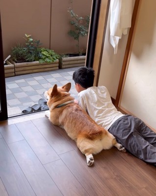 足を伸ばして寝そべる兄弟