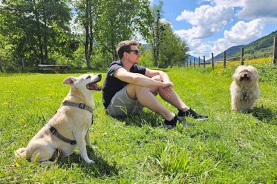 人の近くに集まる2匹の犬