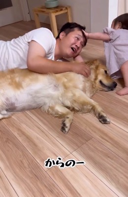 またパパを撫でる赤ちゃん