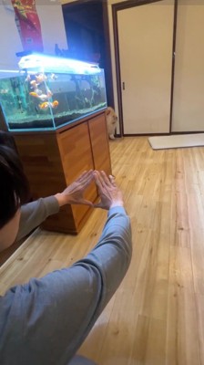 両手の親指と人差し指をくっつけて輪を作る飼い主