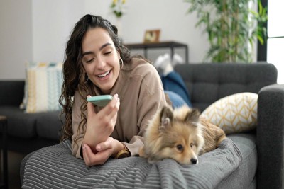 スマホに夢中の女性と犬