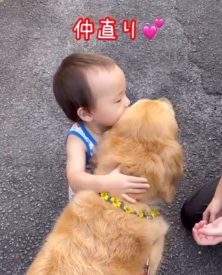 男の子が犬をぎゅっと抱きしめる