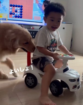 おもちゃの車を方向転換する男の子と、取っ手を咥えて後ろでサポートする犬