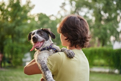 抱っこされた垂れ耳の犬