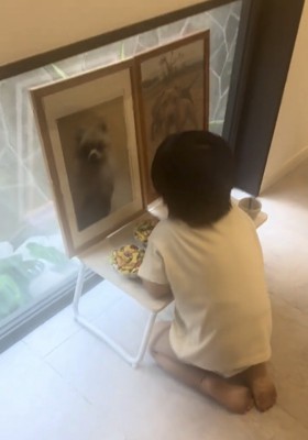 遺影に近寄る子ども