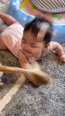 犬の方を見て笑顔になる赤ちゃん