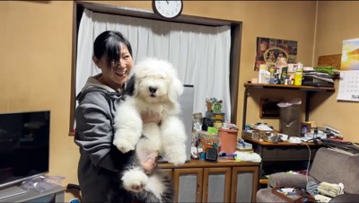 女性に抱き上げられて笑顔の子犬