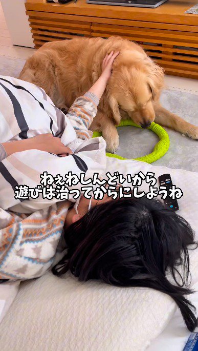 布団に横になりながら犬を撫でる女の子