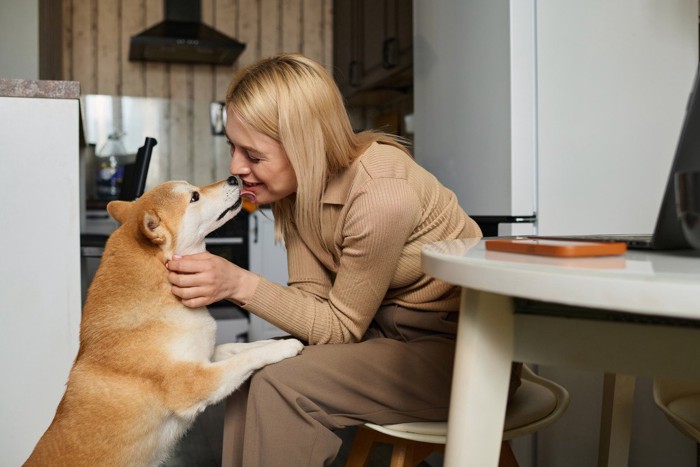 女性の顔を舐める犬