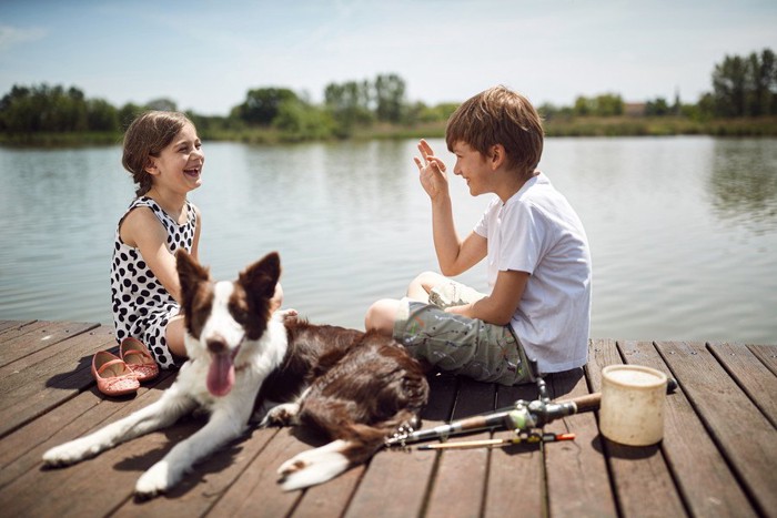 会話をする子どもたちと犬