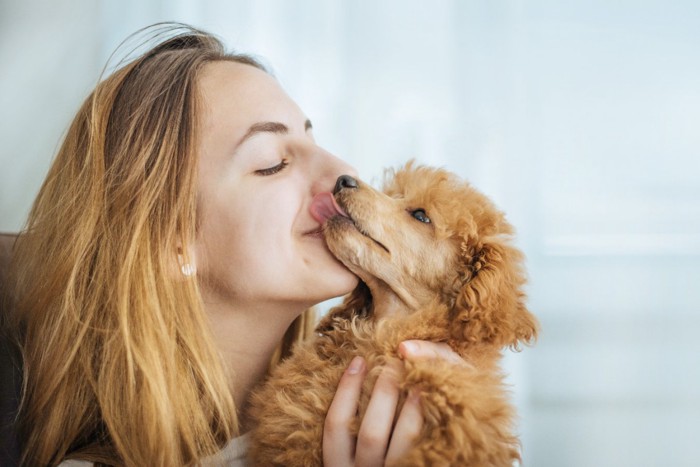 飼い主さんの口元を舐める犬