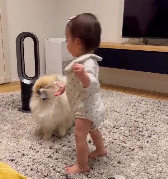 ペットボトルを持った赤ちゃんと犬