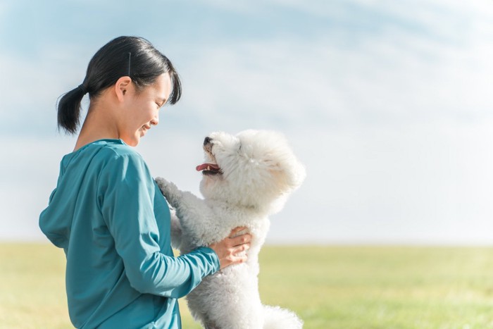 女の子に飛びつく犬