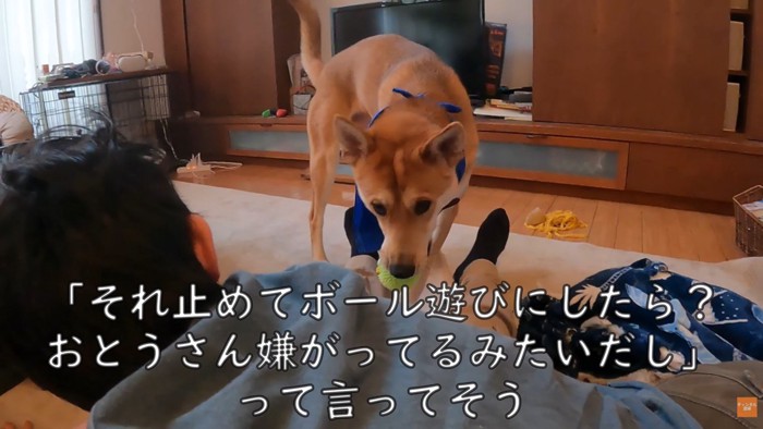 ボール遊びをすすめるワンジローくん