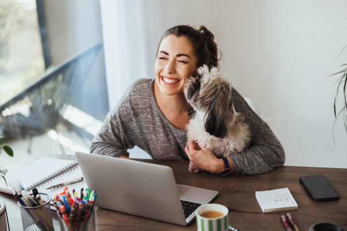 PCにむかう女性と犬