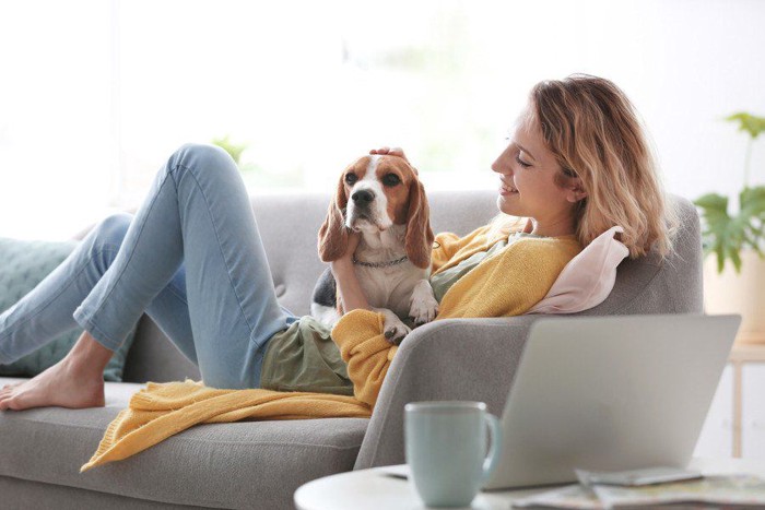 ソファーに横になる女性とその上に乗る犬