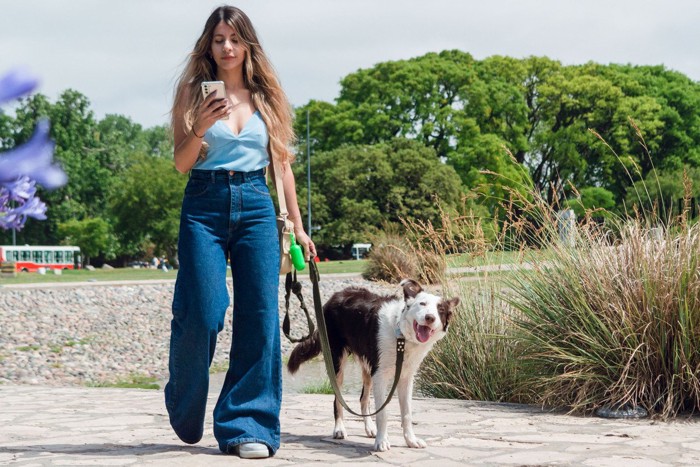 歩きスマホをする女性と犬