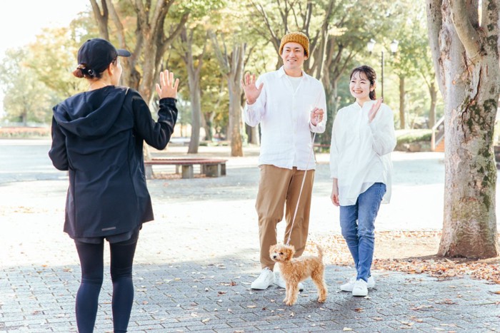 挨拶する人と犬