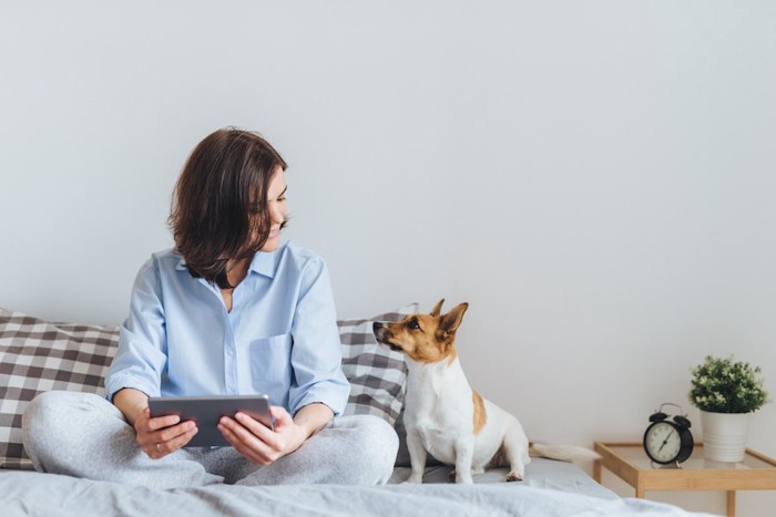 ベッドの上で見つめ合う女性と犬