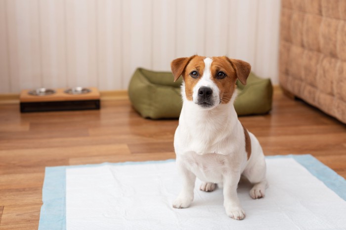室内のトイレスペースでお座りしながら正面を見つめる犬