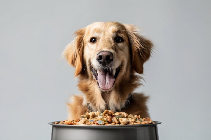 ご飯を前に喜ぶ犬